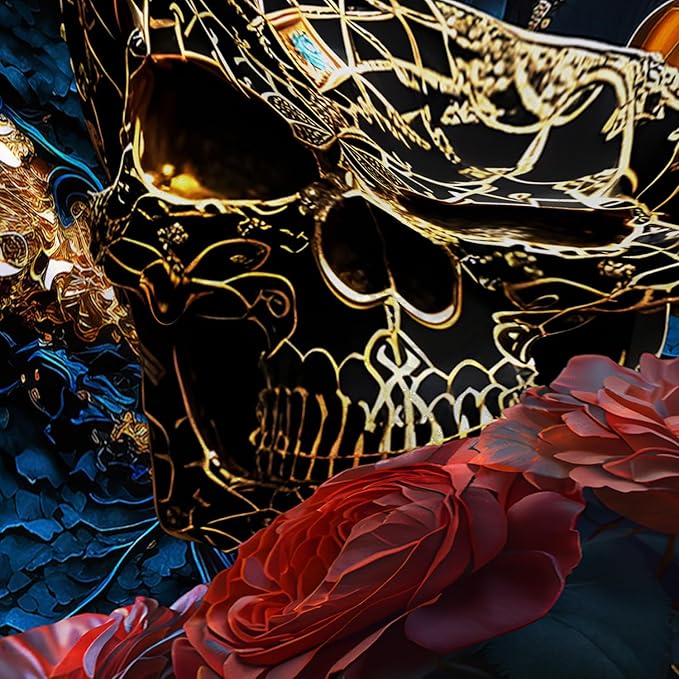 AILONEN 3D Skull Shower Curtain,Oil Ren Rose with Gold Skull Skeleton Design Shower Curtain Set with Hooks for Boys Girls Teens,Gothic Skull Waterproof Fabric Shower Curtain for Bathroom,48" W*72" H