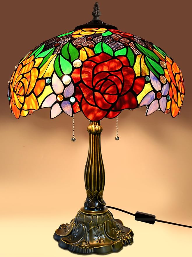 KY&BOSAM Tiffany Style Table lamp Stained Glass Table Lamps Art Style Desk Lamp 24 Inch Tall Glass 16 Inch Wide Shade Beside 2 Bulb Antique Zinc Base for Home Living Room Bedroom Kitchen Family Decor