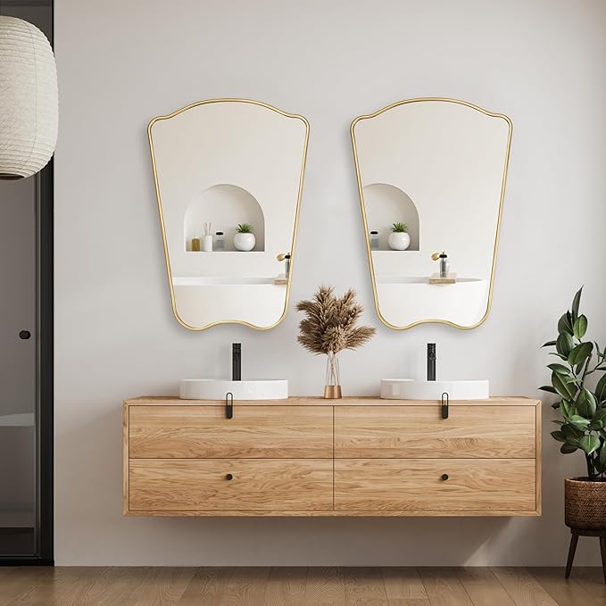 PERFNIQUE Gold Bathroom Mirror Irregular Wall Mirror, 32'' x 23'' Wood Framed Mirror, Decorative Vintage Mirror, Modern Vanity Mirror for Over Sink Bathroom Living Room Entryway, Modern Wall Decor