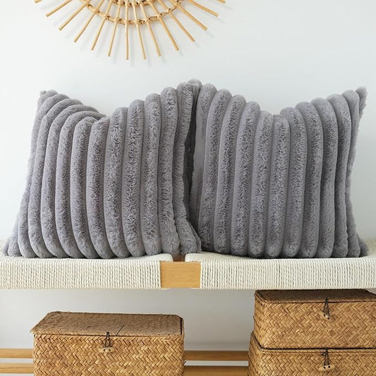 JOJUSIS Pack of 2 Faux Fur Plush Decorative Throw Pillow Covers Couch Cushion Case Soft Pillowcases (Grey, 20 x 20-Inch)