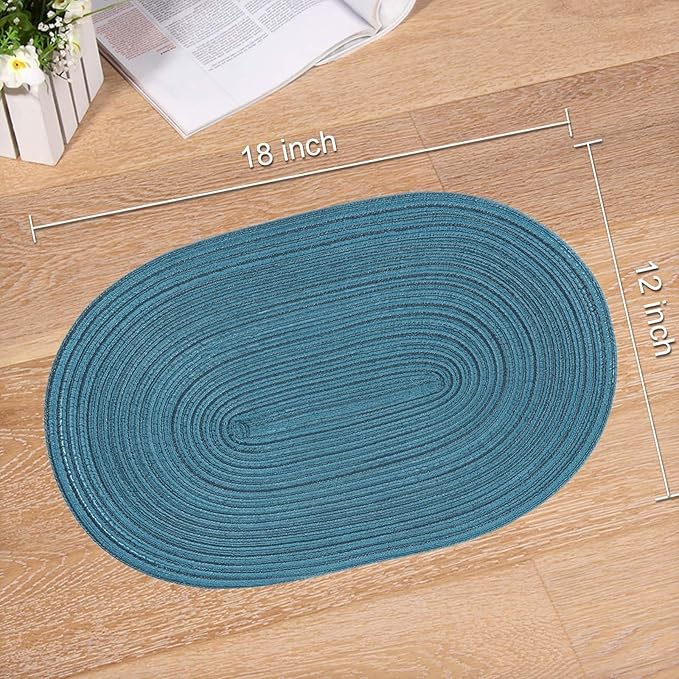 Noctiflorous Oval Braided Placemats Set of 4 Woven 12x18 Inch Non Slip Washable Heat Resistant Place Mats Tablemats for Dining Kitchen Party Daily Table Decor Dinner Mats (Teal Blue, 4)