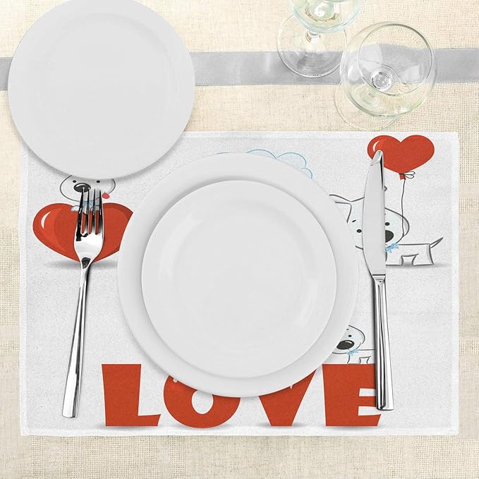 Ambesonne Valentines Day Place Mats Set of 4, Puppy Love Hearts and Dogs His Hers Heart Balloon Romantic Print, Washable Fabric Placemats for Dining Table, Standard Size, Red White