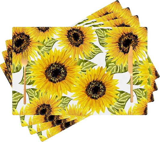 Floral Placemats Set of 4 Sunflower Place Mats Indoor Summer Yellow Linen Table Placemats Washable Wipeable Waterproof Heat Resistant Kitchen Place Mats for Dining Tables, 18 X 12 Inch
