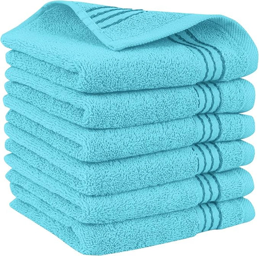 Elegant Comfort Premium Turkish Cotton 6 Pack Washcloths Set - 13 x 13 inch, Luxurious Hotel Spa Quality 100% Turkish Cotton 6PC Washcloth Set - Highly Absorbent - Soft Bathroom Towels, Aqua