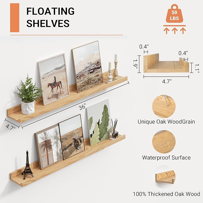Oak Floating Shelves Wall Mounted Set of 2, Rustic Large Wall Shelves for Storage with Lip, Display Picture Ledge with Lip for Storage, Bedroom, Living Room, Bathroom,Nursery Display