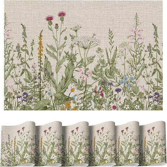 Artoid Mode Wild Flower Vinyl Placemats Set of 6, Wipeable Colorful Printing PVC Table Mats for Spring Party Kitchen Dining Decor, 12x18 Inch