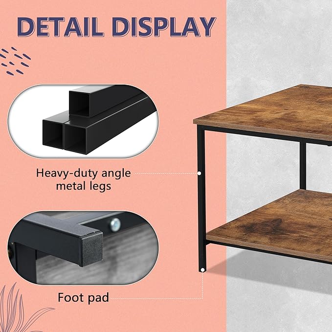 SENIG 2-Tier Coffee Table with Storage Shelf for Living Spaces, Brown Rectangle Wood and Sturdy Metal Side End Table, Functional Center Table for Living Room, 39.3 x 20 x 16