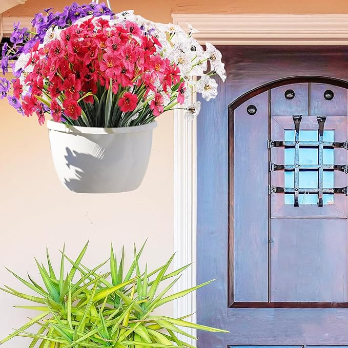 22 Bundles Artificial Flowers Outdoor, Faux Flowers UV Resistant with Plastic Plants, Faux Silk Flowers for Outdoors Outside Front Porch Hanging Planter Window Box Garden Decoration(Rose Red)