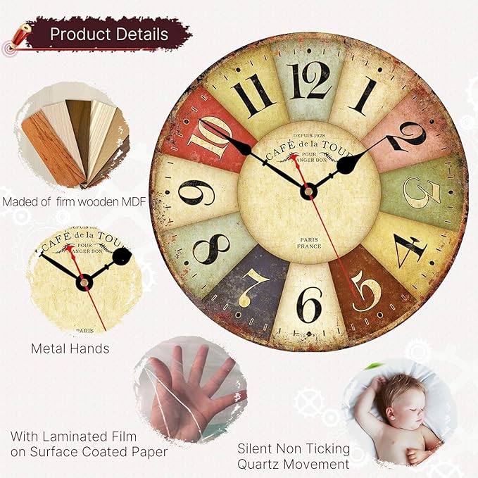 VIKMARI 8 Inch Silent Non-Ticking Wall Clock Arabic Numerals Retro Clocks Wooden Decorative Round Wall Clocks Battery Operated Indoor Wall Clocks Paris French Rustic Style Home Decor Wall Clock