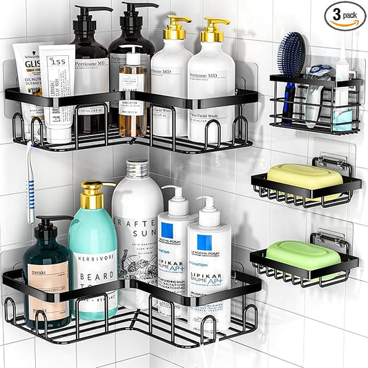 Moforoco 5-Pack Shower Caddy, L-Shaped, 10.2in Diameter, 90-Degree Right Angle, Rustproof, Easy Installation, 12 Hooks, Soap Holder, Adhesive Corner Shower Organizer, Black