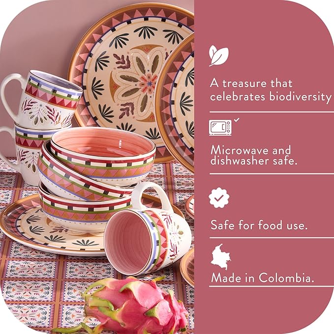 Corona 16–piece Colorful Wild Jungle Animals Inspired Ceramic Dinnerware Sets | Plates, Bowls and Mugs | Service For 4 | Selvatica