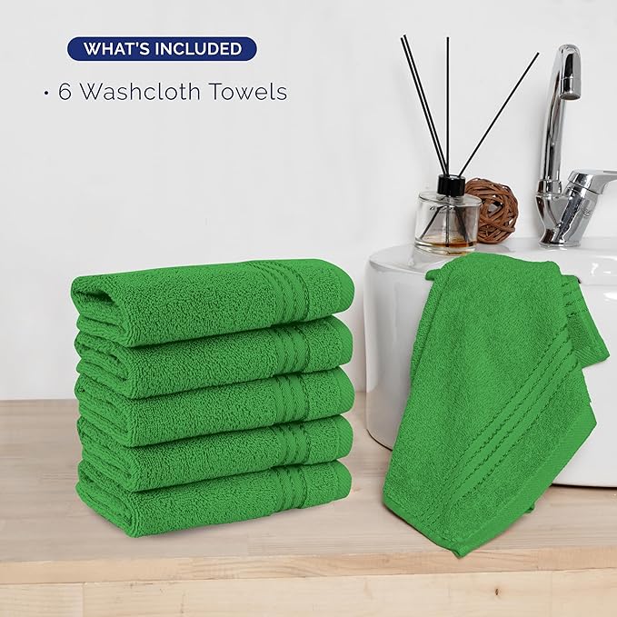 Elegant Comfort Premium Turkish Cotton 6 Pack Washcloths Set - 13 x 13 inch, Luxurious Hotel Spa Quality 100% Turkish Cotton 6PC Washcloth Set - Highly Absorbent - Soft Bathroom Towels, Emerald Green