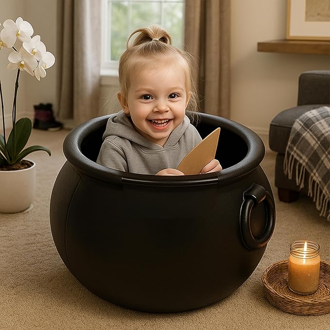 PMU 5pc- (22",16",12", 8",6") Halloween Cauldron Pot Kettle, Black Plastic Witch Cauldron, Halloween Party Candy Holder, Indoor & Outdoor Decorations