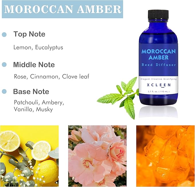 Reed Oil Diffuser Set, Fragrance Diffuser - Floral Notes, Vanilla, Cinnamon & Amber, Includes 6 Rattan Scented Sticks Diffuser Reeds, Home & Office Decor, 110ml/3.7oz