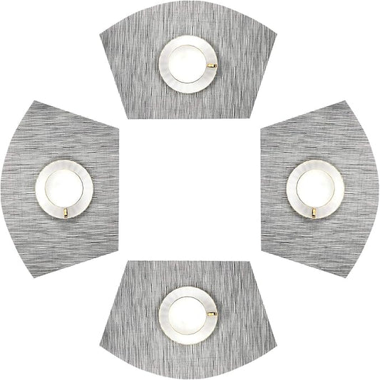 SHACOS Small Round Table Placemats Set of 4 Wedge Placemats Heat Resistant Woven Vinyl Table Mats Wipe Clean (4, Silver Gray)