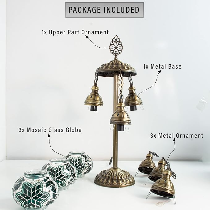 mozaist 3 Globe Mosaic Tiffany Style Table Lamp, Stained Glass Turkish Handcraft Desk Light, Bohemian Vintage Guestroom, Study Room Decorative Teal Lighting with US Plug & E12 Socket(Turquoise Green)