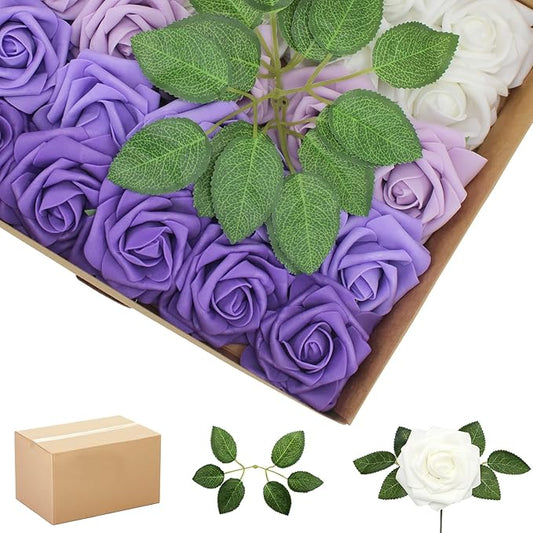 200PCS Artificial Flowers Purple Mixed Series Roses Real Looking Foam Fake Roses with Leaves and for DIY Wedding Bouquets Bridal Shower Centerpieces Party Decorations (Purple Series, 200)
