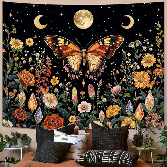 Lunerfex Boho Butterfly Tapestry Flower Moon Wall Tapestry, Moon Phases Tapestries for Bedroom Cute Tapestries Wall Hanging for Bedroom Living Room Wall Decor Butterfly-2 44"x60"