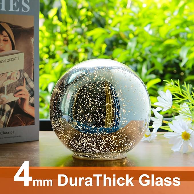 Lighted Mercury Glass Ball Table Lamp, Silver Cordless Glass Orb Christmas Decor Ball Led Light Globe, Modern Light Up Battery Operated Sphere Night Light for Home Bedroom Indoor Decor, Small
