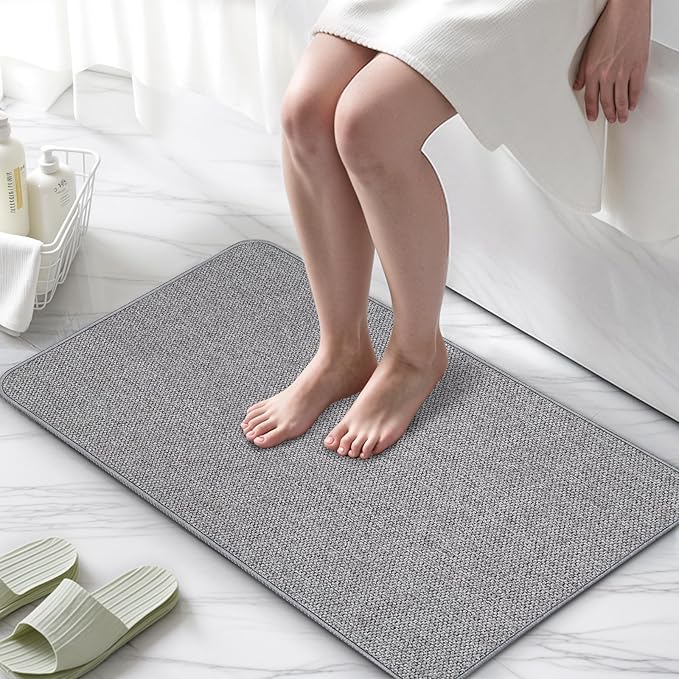 Thin Bathroom Rugs, Bath Mat Super Absorbent, Bath Rugs Rubber Backing Non-Slip, Quick Dry Machine Washable, Cozy Cloth Bathroom Mat fit Under Door/Sink/Bathtub/Shower/Kids 17''x27''-Gray