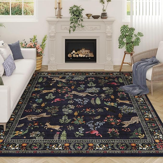 Living Room Rug 5x7 Rug Machine Washable Boho Area Rug Non Slip Floral Animal Vintage Low Pile Large Rugs for Living Room, Bedroom, Farmhouse, Dining Room, Kids Playroom (Blue)
