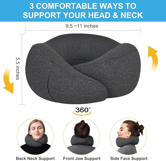 MULIHOMI™ New Packaging Updated Travel Pillow for Airplane with 100% Memory Foam, 360° Adjustable Full Surrounding Flying Neck Pillows, Travel Pillow Set with 3D Eye Masks, Earplugs (Black)