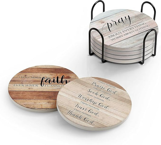 Coasters for Drinks with Bible Verses, Set of 6 Absorbent Drinks Coasters with Holder, Christian Gifts