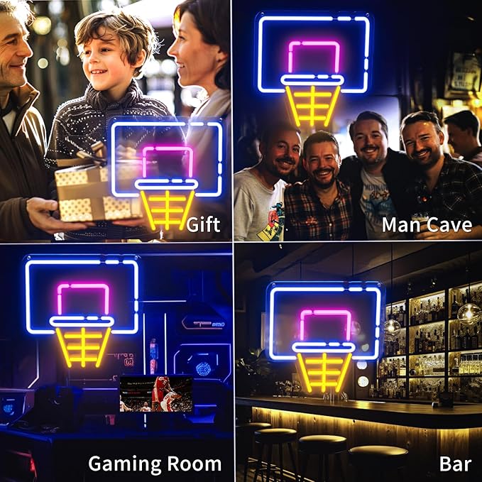 Basketball Hoop Neon Sign for Wall Decor, LED Sign with Dimming Switch for Sports Fans, Kids, Man Cave, Bedroom, Home Accessories, Bar Decor, Party & Holiday Decorations - 13.8" x 12.6"