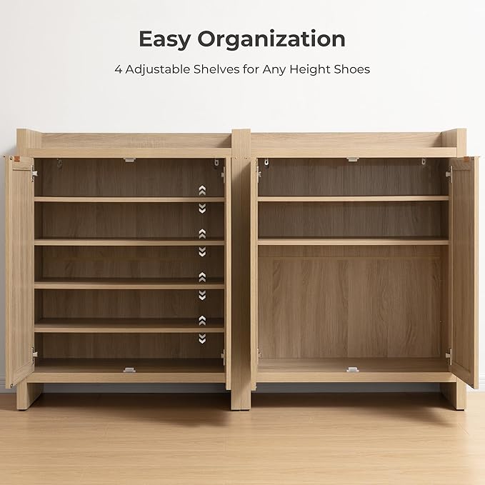 SICOTAS Shoe Cabinet Set of 2, Large Capacity Shoe Storage Organizer Cabinet, Tall Rattan Shoe Cabinet with Doors and Shelves, 6-Tier Farmhouse Boho Wooden Storage Cabinet for Entryway, Light Oak