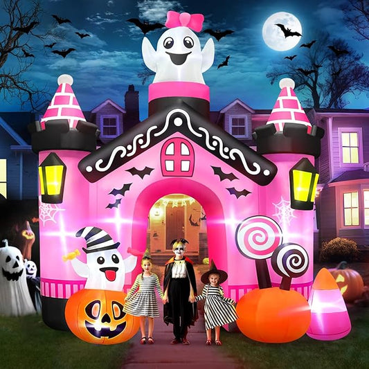 Kalolary 12 FT Halloween Inflatables Ghost Archway Outdoor Decorations, Pink Castle Arch Blow Up Yard Decorations Scary Inflatable with Build-in Lights for Yard Garden Lawn Indoor Outdoor Decor