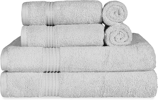 Superior Egyptian Cotton Towel Set, 6-Piece, Bathroom Essentials, Long Staple Combed Cotton, Absorbent, Fast Drying, Silver