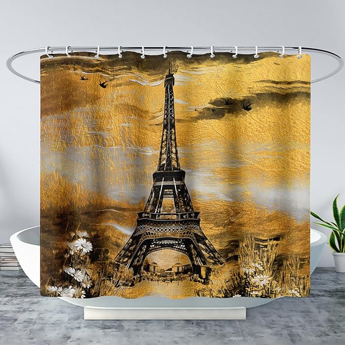 AILONEN Eiffel Tower Shower Curtain,Afterglow Tower Bathroom Fabric Shower Curtain for Boys Kids Teens, 72" W*72" H Vintage Orange & Black Style Paris Tower Bathroom Decor