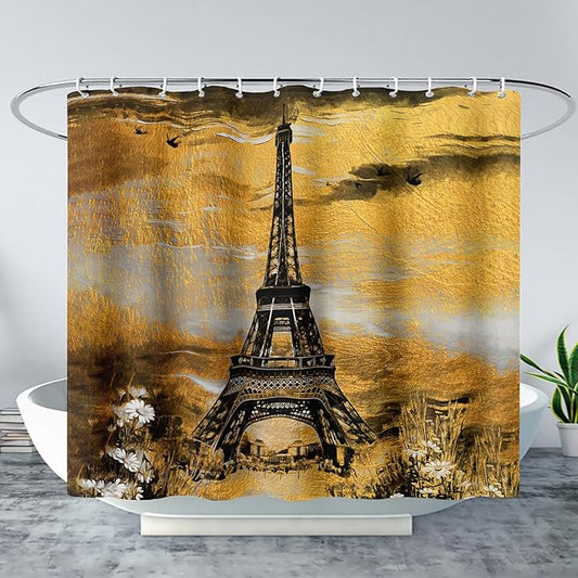 AILONEN Eiffel Tower Shower Curtain,Afterglow Tower Bathroom Fabric Shower Curtain for Boys Kids Teens, 72" W*96" H Vintage Orange & Black Style Paris Tower Bathroom Decor