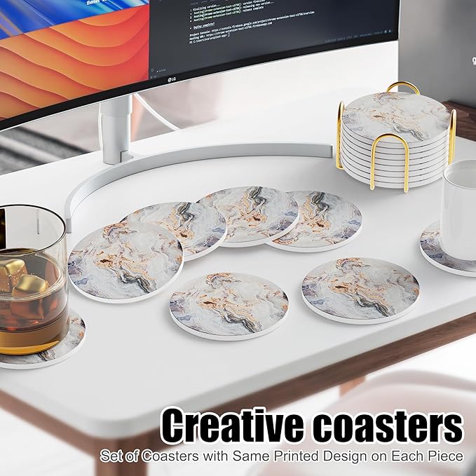 Coasters for Drinks Set of 8, Absorbent Abstract Sand Marble with Metal Golden Holder, Ceramic Coaster Set Cup Mat for Home Decor, Bar, Kitchen, Party