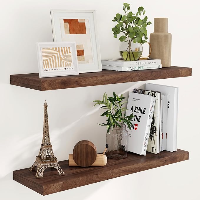 Fun Memories 9.3 Inch Deep Floating Shelves, 36" x 9.3" Rustic Wood Wall Shelves 36 Inch Long, Large Wall Shelves for Book, Living Room, Bedroom, 36" W x 9.3" D x 1.5" H, Walnut Color, Set of 2
