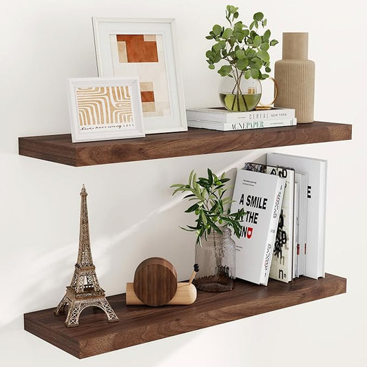 Fun Memories 9.3 Inch Deep Floating Shelves, 36" x 9.3" Rustic Wood Wall Shelves 36 Inch Long, Large Wall Shelves for Book, Living Room, Bedroom, 36" W x 9.3" D x 1.5" H, Walnut Color, Set of 2