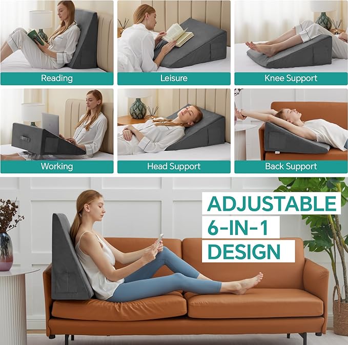 Bed Wedge Pillow for Sleeping, 10 Inch Memory Foam Wedge Pillow Post Surgery, Triangle Pillow Wedge, Elevated Support Pillows for Sleeping, Acid Reflux & Snoring - Removable Washable Cover