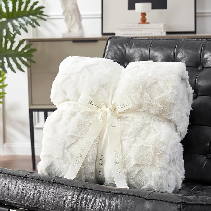 Cozy Bliss Faux Fur Throw Blanket for Couch - Clearance Soft Checkered Fuzzy Plush Cozy Throw Gift Blankets for Women,Cream White Boho Blanket for Sofa Bedroom Living Room.50 * 60 Inches
