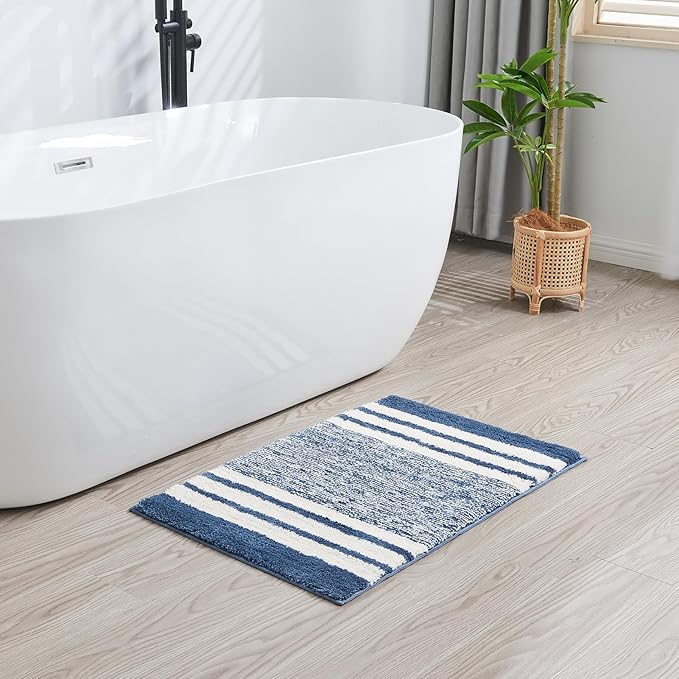 CozeCube Blue Striped Bath mats for Bathroom Non Slip, Fluffy Absorbent Microfiber Bath mat Washable, Aesthetic Bathroom Rugs, Cute Bath mat for Sink, 20" x 32"