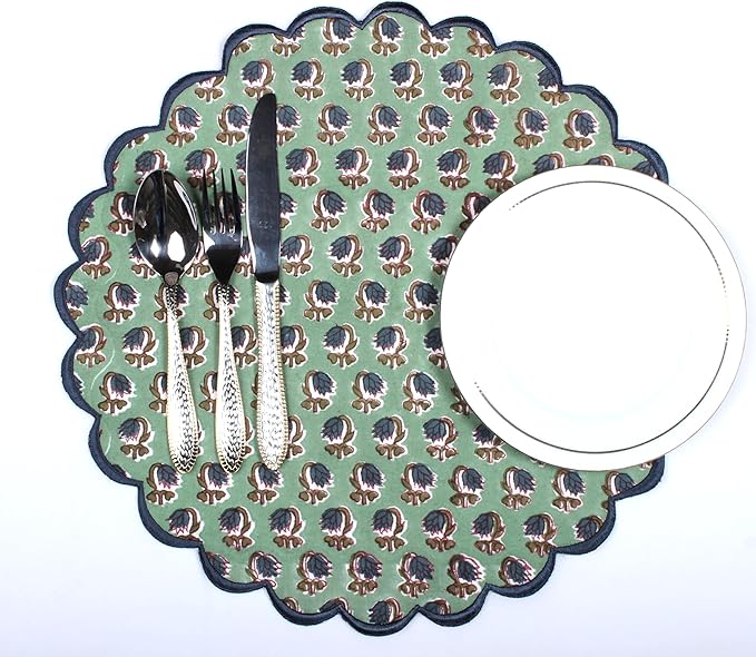 Ridhi Bo-ho Round Place Mat Double Layer Floral Cotton Washable Placemats 15" Round Embroidery Block Print Table Mat (Pack of 4-15 Inch Round, Basil Green)