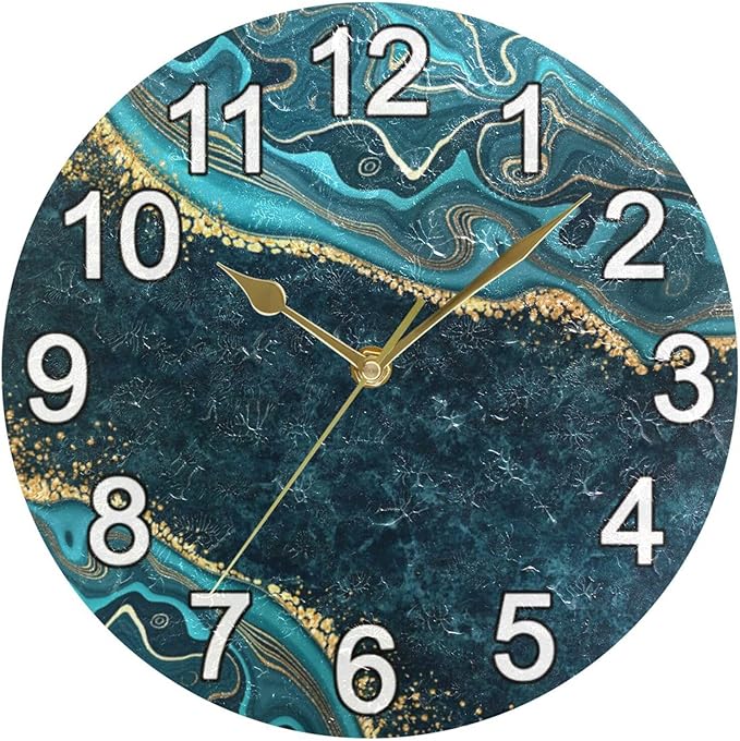 Turquoise Blue Marble Gold Veins Wall Clock Non Ticking Silent Kitchen Clock Large Battery Operated Clocks 10 inch for Living Room Bedroom Decor
