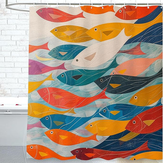 Fish Shower Curtain for Bathroom Abstract Swiming Fishes Shower Curtains Home Bathroom Bathtubs Fish Decor Polyester Shower Curtain Waterproof Washable Durable 12 Hooks 72"x72"