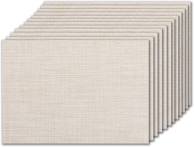 LEXMORE PVC Woven Placemats 12 PCS Wipeable Indoor/Outdoor Table Mats Washable Vinyl Place Mat for Dining Table, Set of 12-Beige White