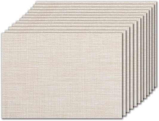LEXMORE PVC Woven Placemats 12 PCS Wipeable Indoor/Outdoor Table Mats Washable Vinyl Place Mat for Dining Table, Set of 12-Beige White