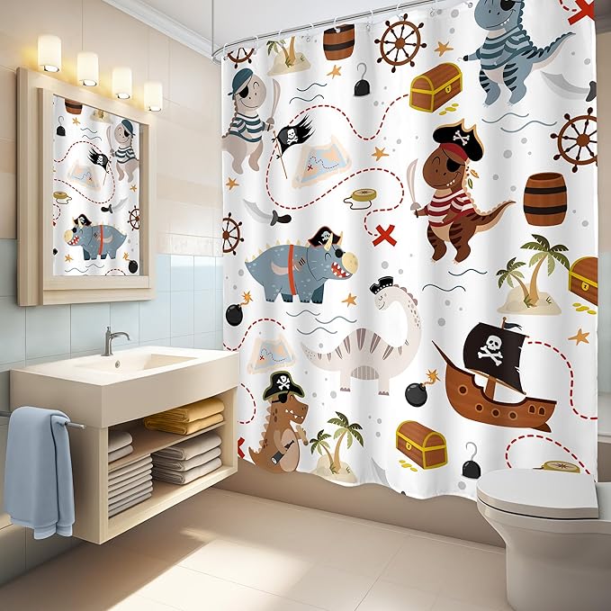 LGhtyro Kids Dinosaur Shower Curtain Bathroom Set 60Wx71H Inches Dino Pirate Boys Ship Cartoon Funny Nautical Sailboat Trex Raptor Bath Accessories Cute Animal Art Home Decor Fabric 12 Pack Hooks