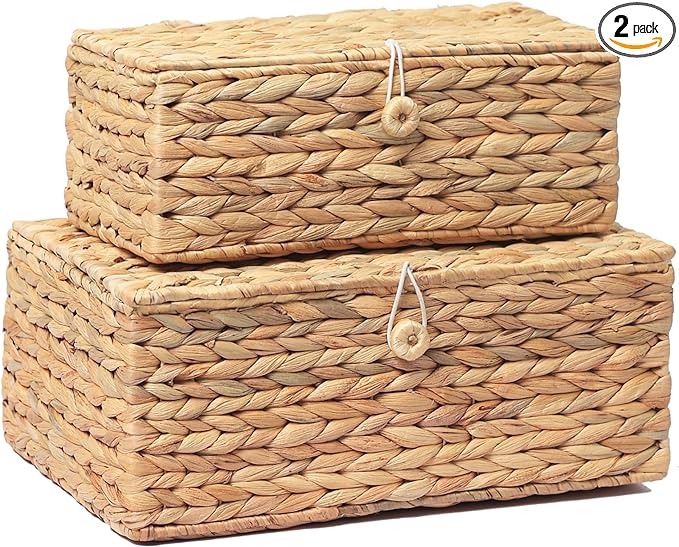 Set of 2 Rectangular Wicker Storage Bins with Lid, Multipurpose Organizer Rattan Display Boxes for Shelf Organizer, Boho Wicker Box for Home Decoration