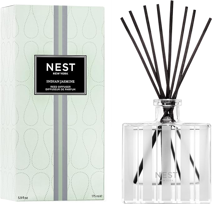 NEST New York Reed Diffuser, Indian Jasmine - 5.9 fl oz - Fragrance for Up to 90 Days - Reusable, Refillable Glass Holder - Includes 8 All-Natural Reed Sticks - Flame Free