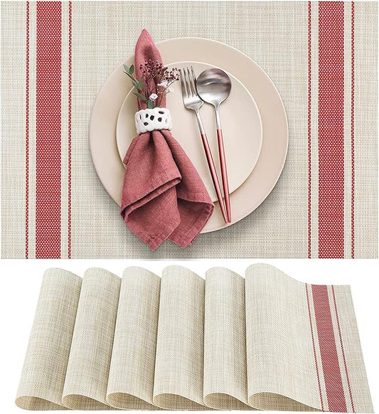 DACHUI Placemats Set of 6, Soft & Elegant Woven Vinyl Place Mats, Water Resistant, Heat Resistant, Washable, Durable Table Mats (Red Stripes)