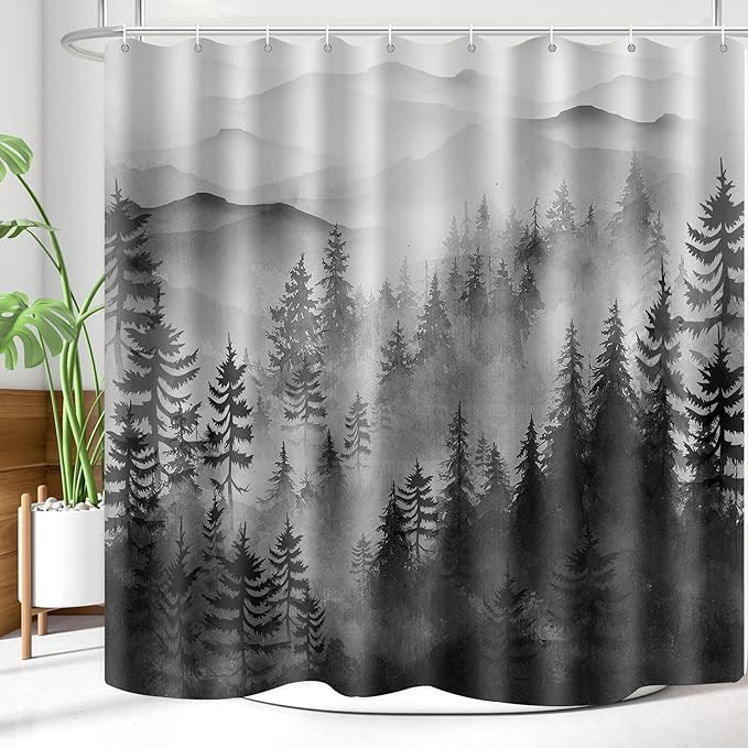 Foggy Mountain Shower Curtain Sets ature Woodland Forest Shower Curtains with 12 Hooks (Forest, 72" x 72")