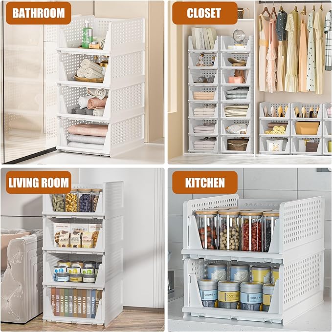 Neprock Clothes Organizers and Storage, 5 Pack Stackable Plastic Bins, Foldable Closet Organizers Drawers for Clothing storage (5L)（White）